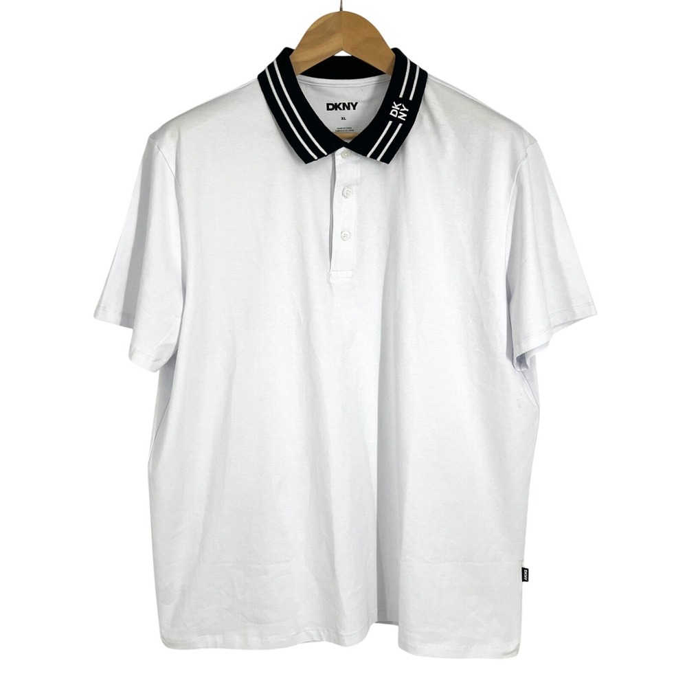DKNY Mens White Short Sleeve Logo Collar Polo Shirt DK000038M XL